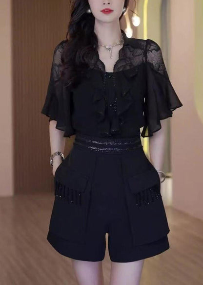Black Ruffled Lace Patchwork Two Piece Set Outfits Summer