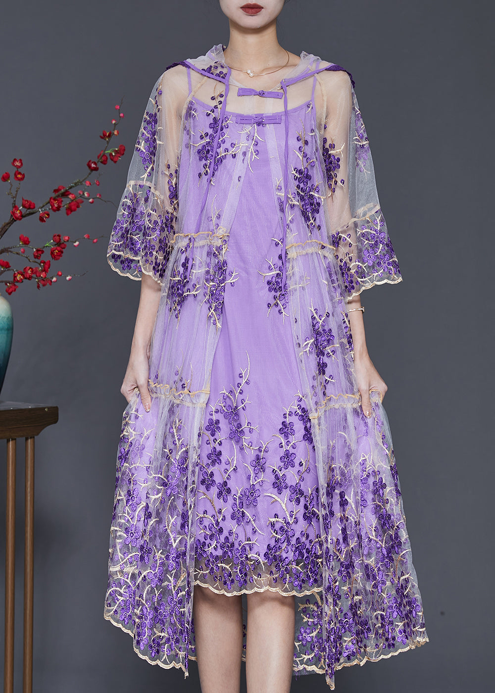 Purple Embroidered Tulle Dress Two Pieces Set Summer