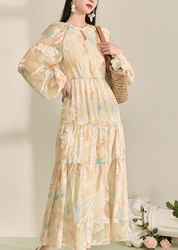 Yellow O-neck Print Long Dresses Lantern Sleeve