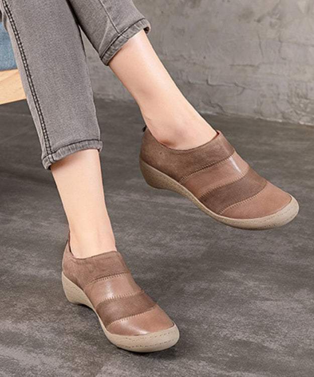 Khaki Cowhide Splicing Leather High Wedge Heels Shoes