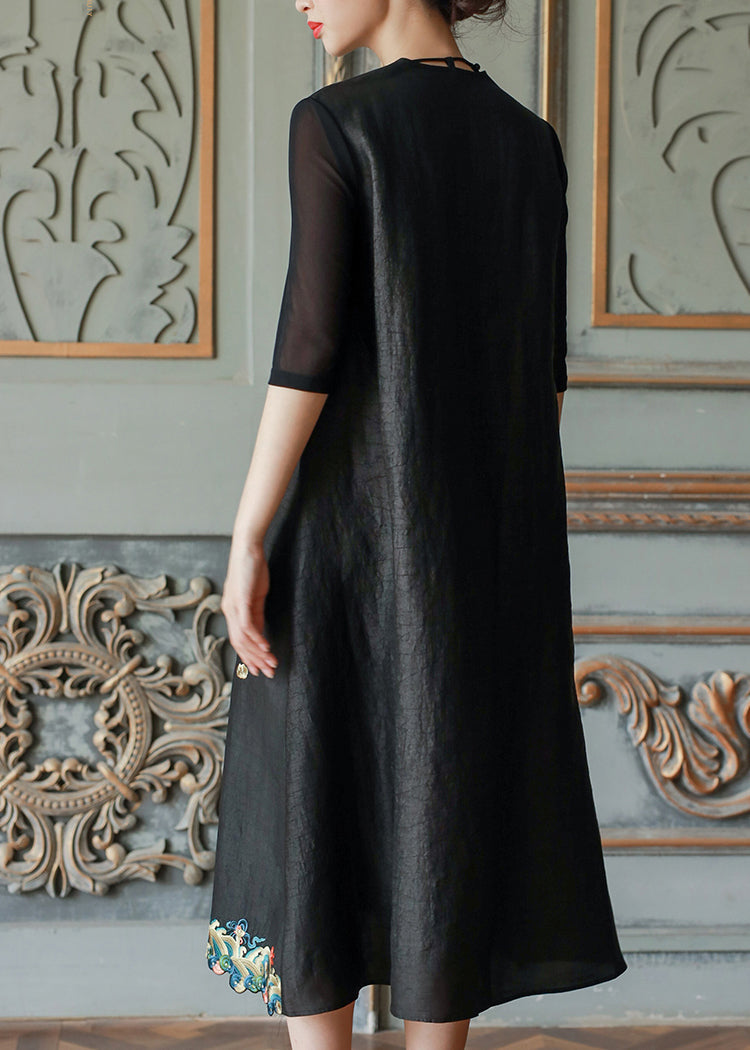 Black V Neck Embroideried Patchwork Silk Dress Summer