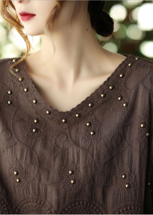 Chocolate Embroideried Hollow Out Fall Long Sleeve Shirt Tops