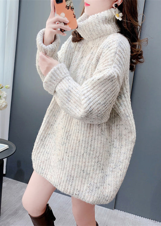 Beige Thick Knit Pullover Versatile Hign Neck Spring