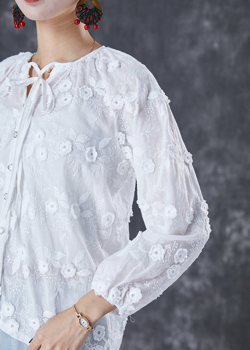 White Embroideried Lace Up Cotton Tops Fall