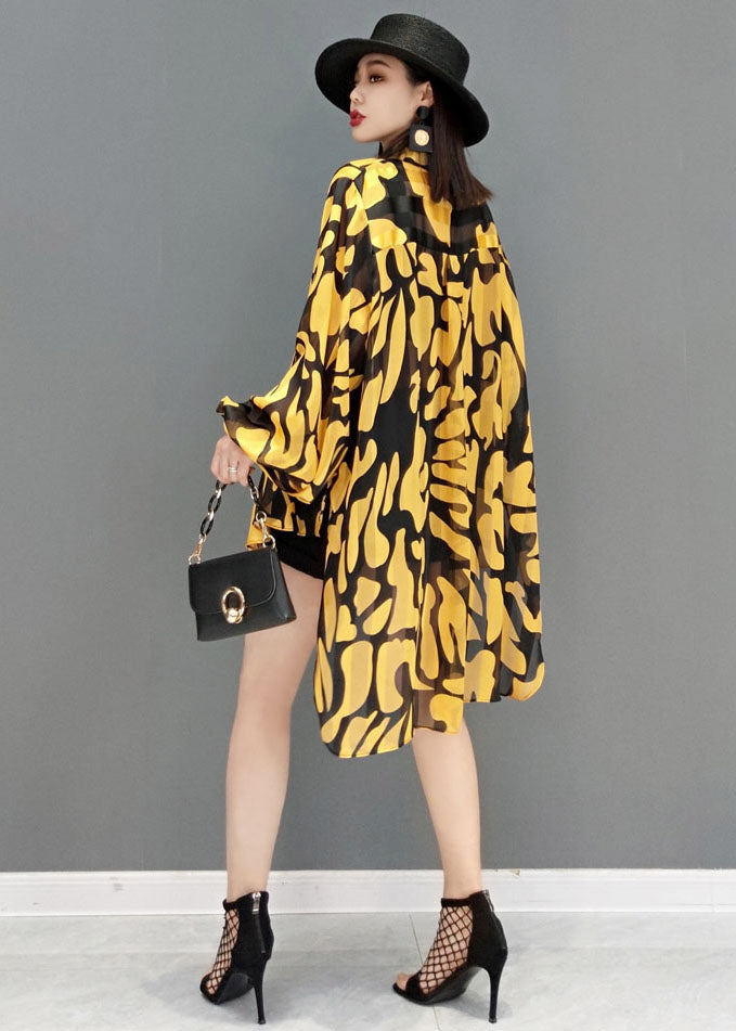Yellow Peter Pan Collar Print Side Open Chiffon Long Shirt Lantern Sleeve