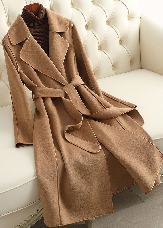 Camel Notched Patchwork Tie Waist Woolen Long Coats Fall