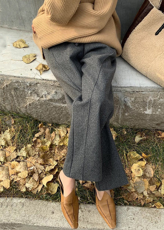Grey Pockets Woolen Pants Elastic Waist Winter