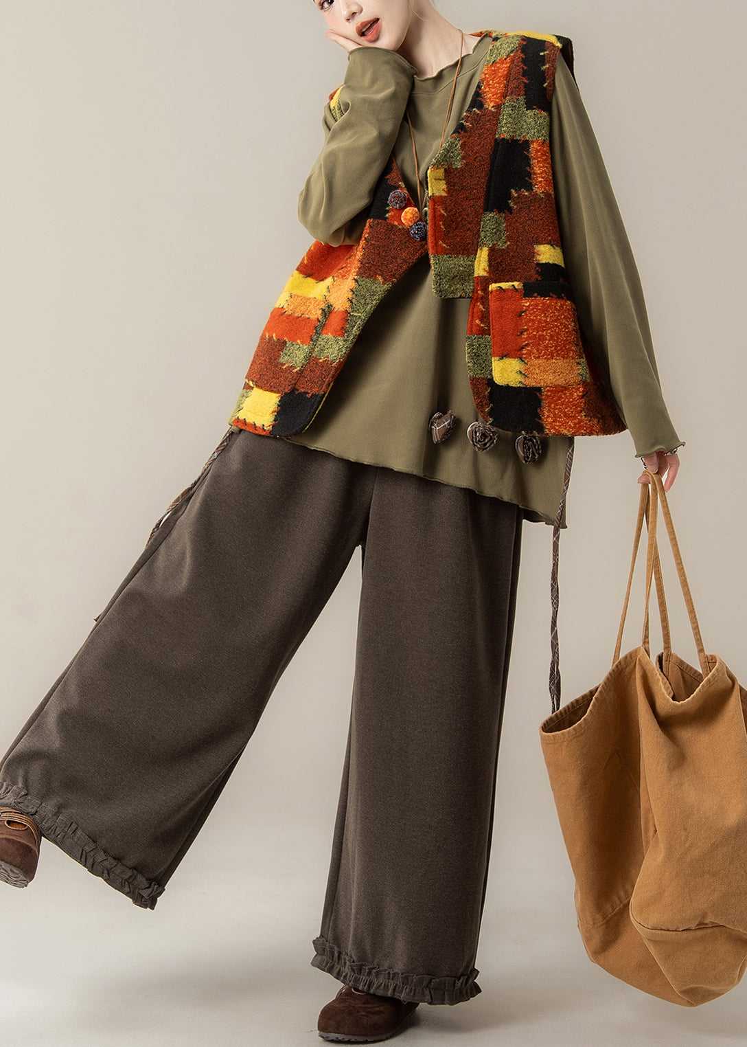V Neck Patchwork Waistcoat ,top and Pants Three Pieces Set Spring