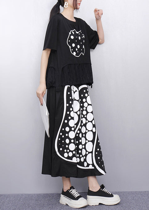 Black Print Patchwork Cotton Two Pieces Set Summer