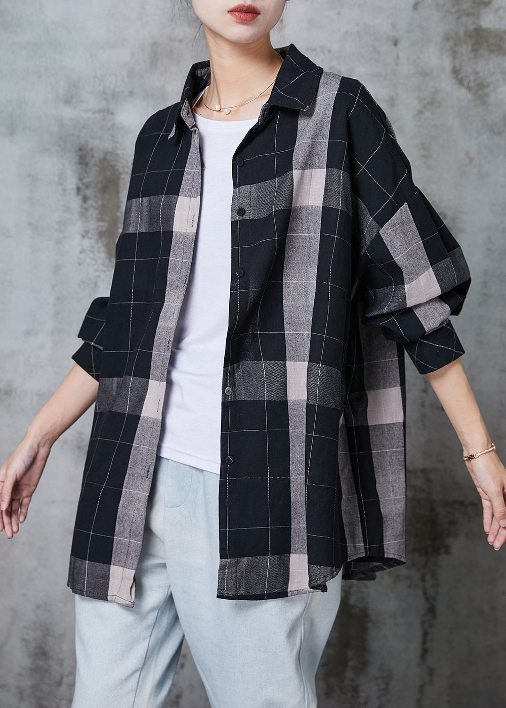 Black Oversized Plaid Cotton Shirt Tops Spring