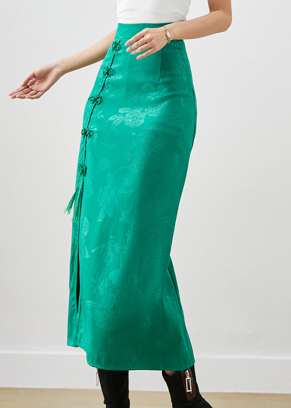 Green Jacquard Chinese Button Silk Wraped Skirt Fall