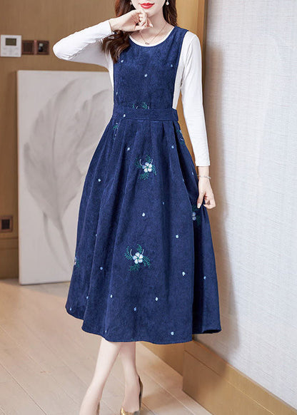 Embroideried Slim Fit Corduroy a Line Dress Two Pieces Set Spring