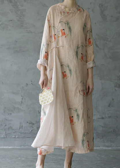 Light Pink Mandarin Collar Print Patchwork Linen Long Dress Long Sleeve