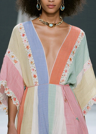 Colorblock V Neck Cotton Dress Summer