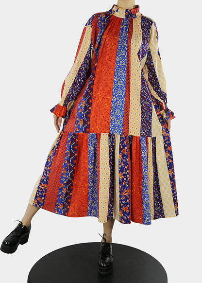 Red Stand Collar Print Long Dress Petal Sleeve