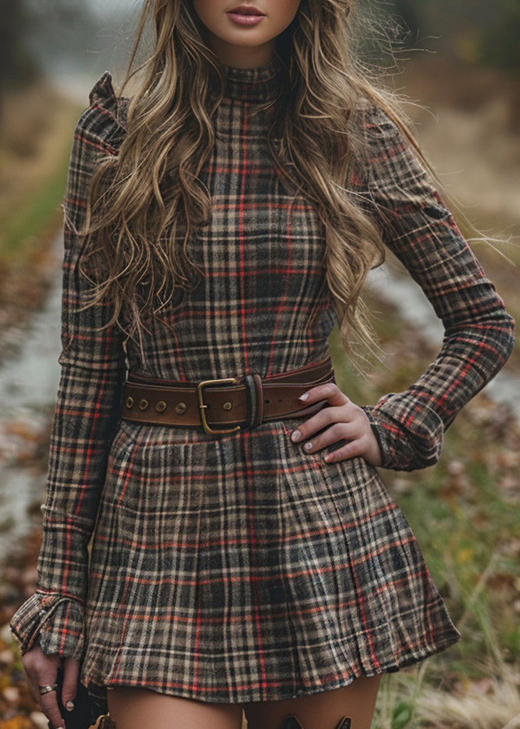 French Half High Neck Ruffled Plaid Cotton Dress Spring