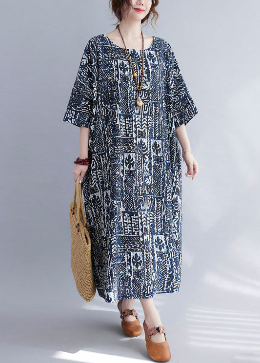 Print O Neck Pockets Cotton Long Dresses Summer