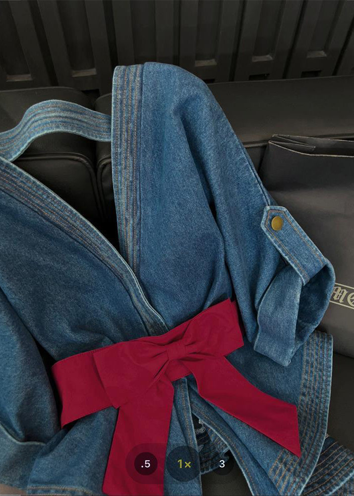 Blue V Neck Bow Tunic Denim Shirt Tops Short Sleeve