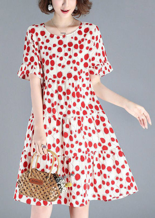 Red O-neck Dot Print Wrinkled Mid Dresses Short Sleeve
