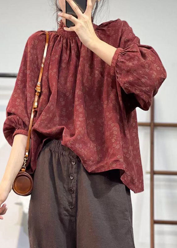 Red Stand Collar Print Linen Shirt Top Fall