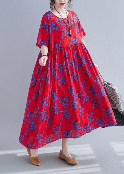 Red Print Patchwork Maxi Dresses Short Sleeve