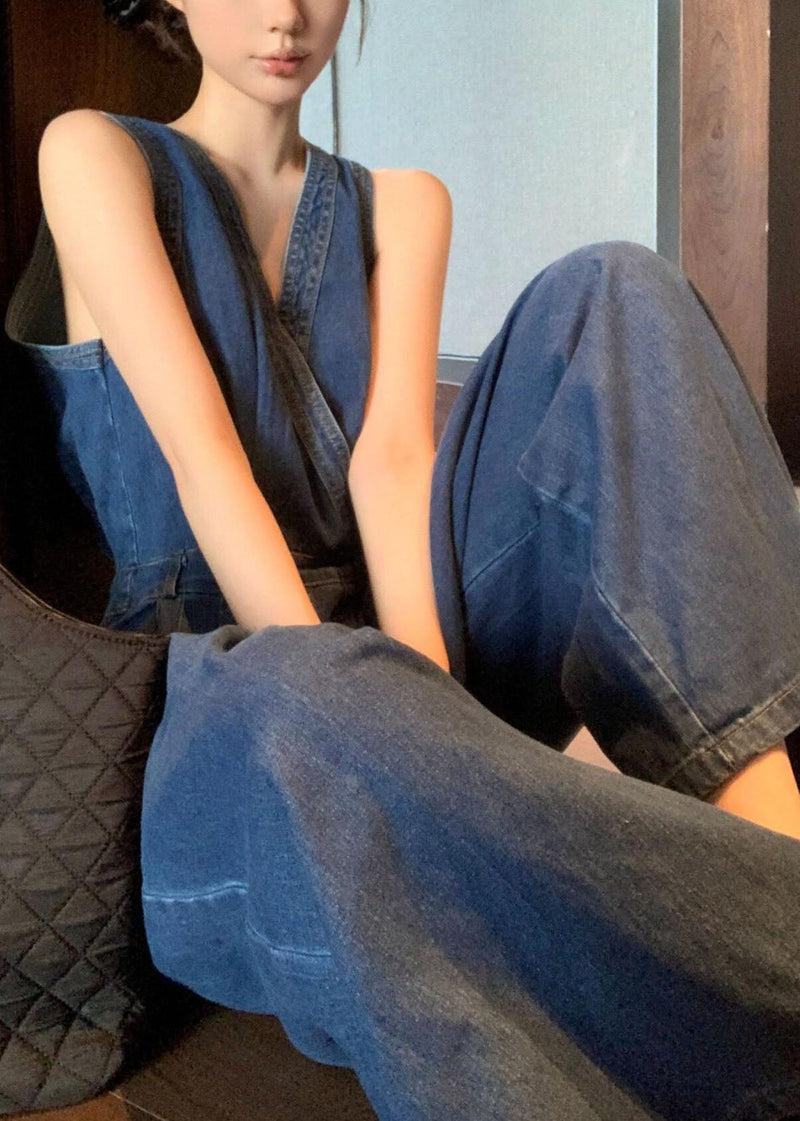 Stylish Blue V Neck Patchwork Denim Jumpsuits Sleeveless