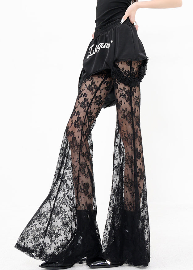 Black False Two Pieces Patchwork Lace Flared Trousers Summer
