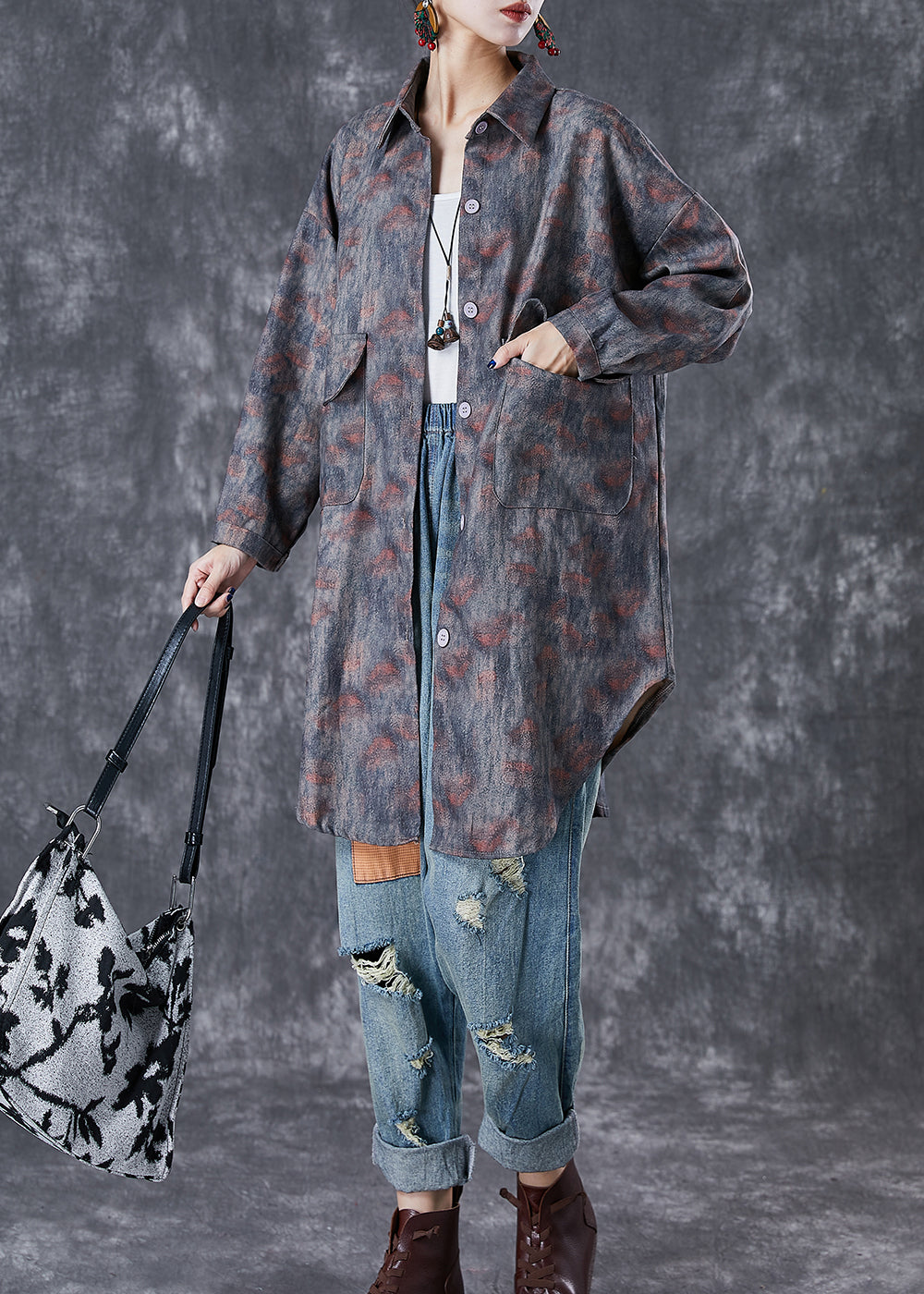 Grey Oversized Tie Dye Pockets Cotton Jackets Fall