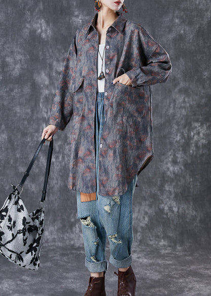 Grey Oversized Tie Dye Pockets Cotton Jackets Fall