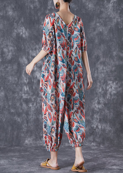 Red Feather Print Pockets Linen Jumpsuit Summer