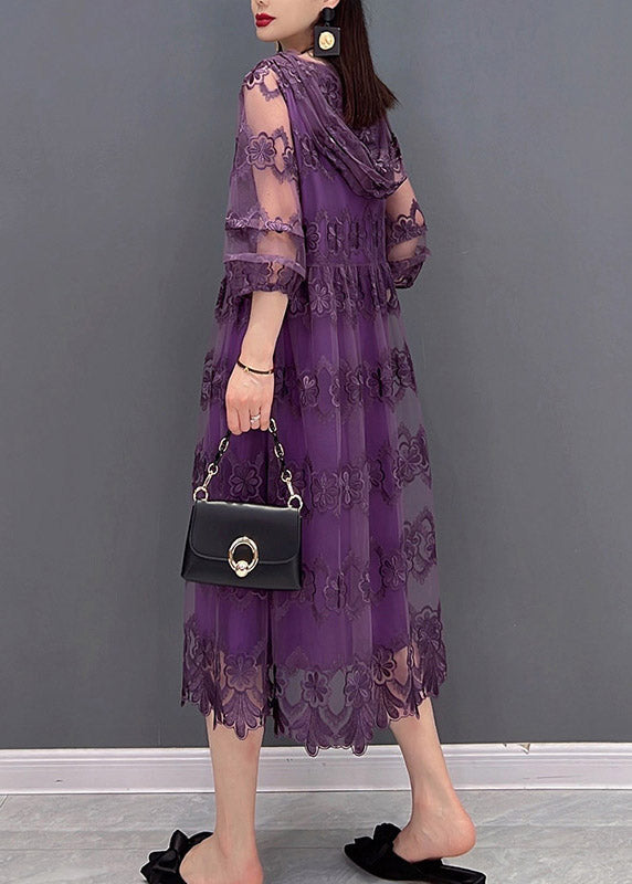 Modern Purple V Neck Embroideried Lace Patchwork Hooded Dress Long Sleeve