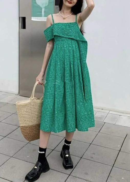 Green Cold Shoulder High Waist Cotton Spaghetti Strap Dress Sleeveless