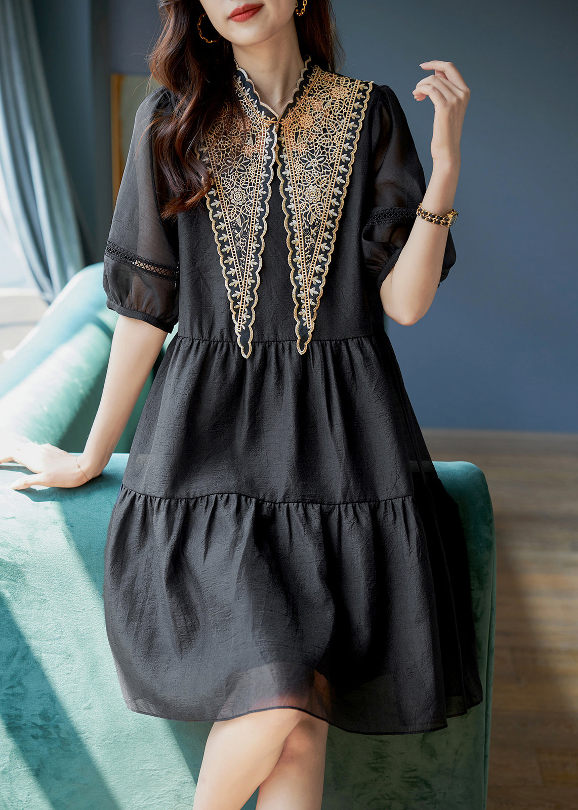 Black Patchwork Cotton Mid Dress Puff Sleeve