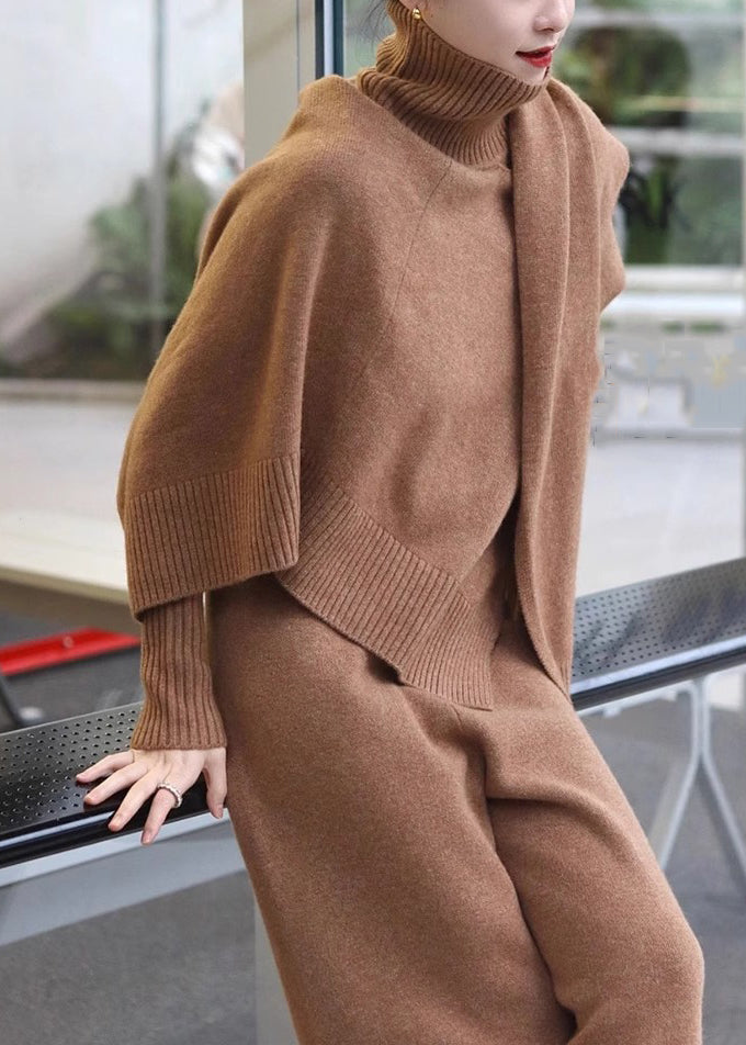 Khaki Turtleneck Knit Two Pieces Set Winter