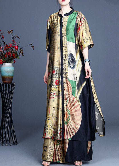 Stylish Yellow Asymmetrical Design Retro Print Summer Long Shirts Two Pieces Set