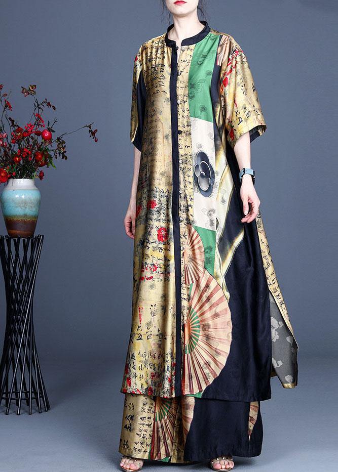 Stylish Yellow Asymmetrical Design Retro Print Summer Long Shirts Two Pieces Set