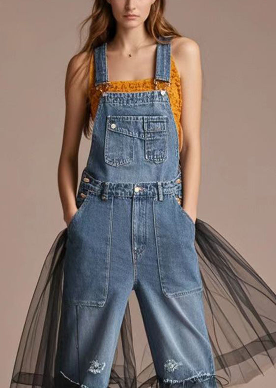 Blue Oversized Patchwork Tulle Denim Jumpsuit Summer