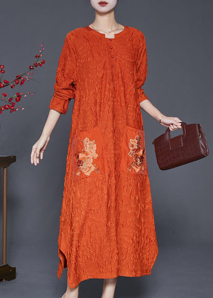 Orange Embroideried Wrinkled Silk Ankle Dress Fall