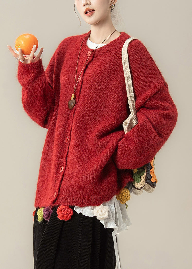 Loose Red O Neck Button Knit Coats Spring