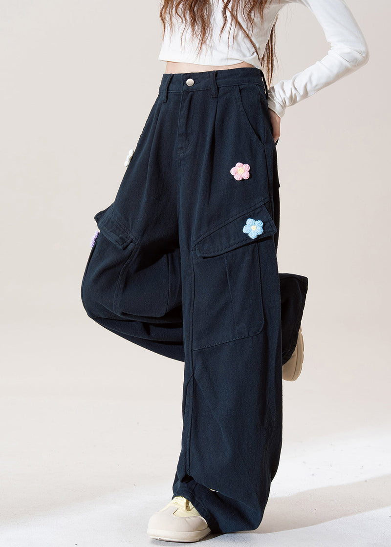 Stylish Navy Embroidered Pockets Cotton Pants Fall
