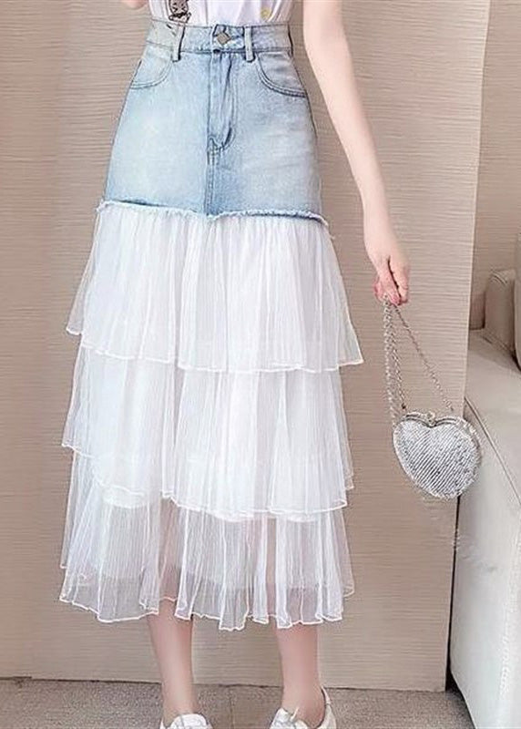 Blue High Waist Tulle Patchwork Denim a Line Skirt