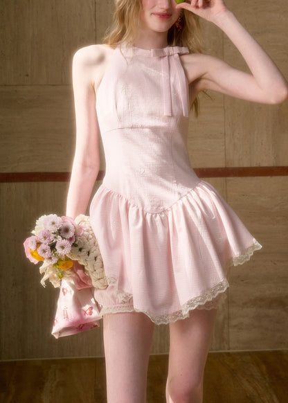 Art Pink Plaid Bow Lace Cotton Two Pieces Set Sleeveless