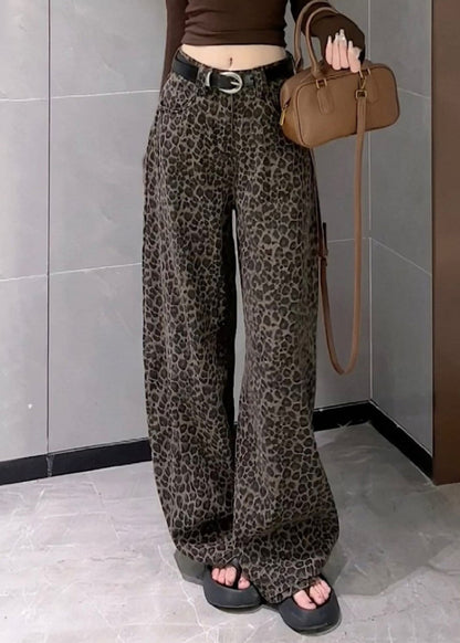 Unique Leopard Pockets High Waist Denim Wide Leg Pants Fall