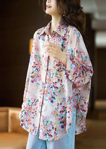 Boutique Pink Peter Pan Collar Jacquard Chiffon Blouse Top Fall