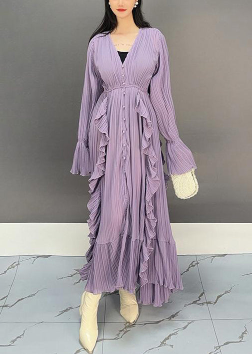 Purple V Neck Ruffled Long Dresses Flare Sleeve