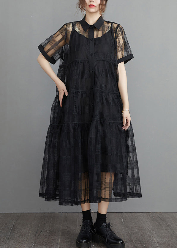 French Black Button Tulle Two Piece Set Short Sleeve