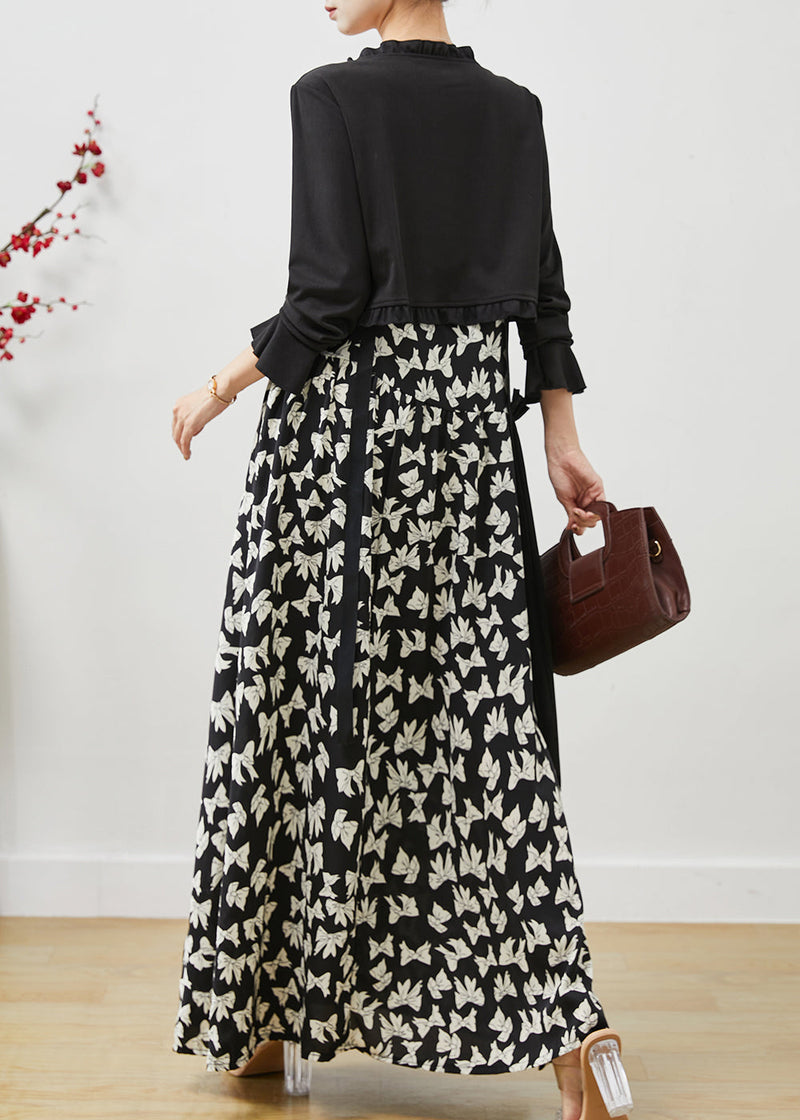 Black Ruffled Print Chiffon Dress Two Pieces Set Summer