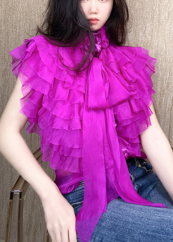 Black Layered Ruffled Stand Collar Bow Shirts Summer