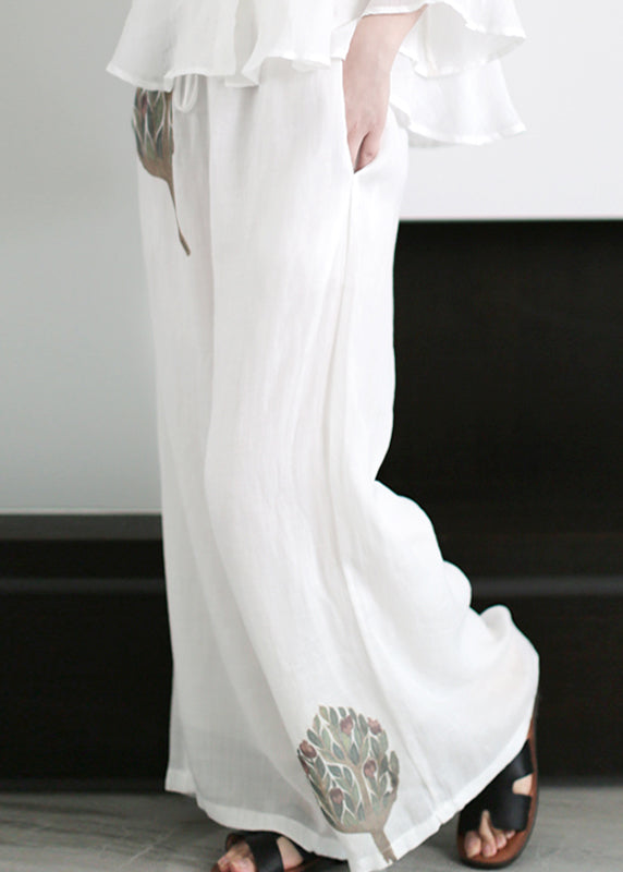 Loose White Stand Collar Patchwork Linen Two Pieces Set Flare Sleeve
