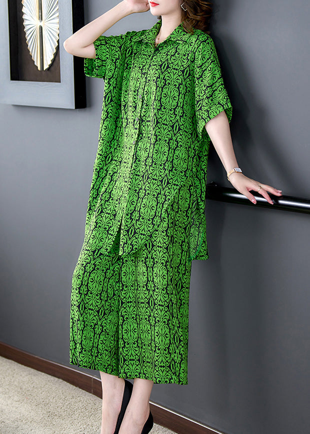 Green Print Tops and Pants Chiffon Two Pieces Set Summer